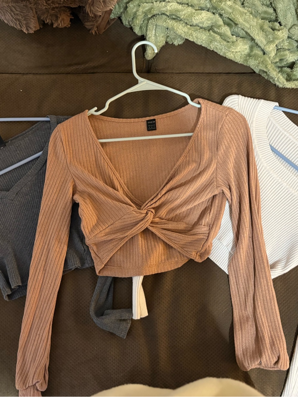 SHEIN Ribbed Twist-Front Long Sleeve Top - Brown